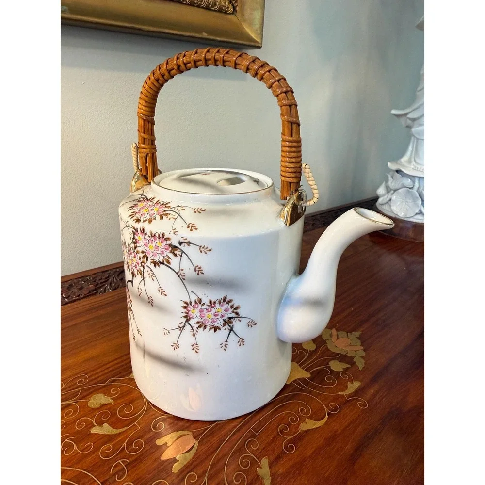 Vintage Cherry Blossom Teapot with Rattan Handle • Porcelain Floral Tea Pot‎